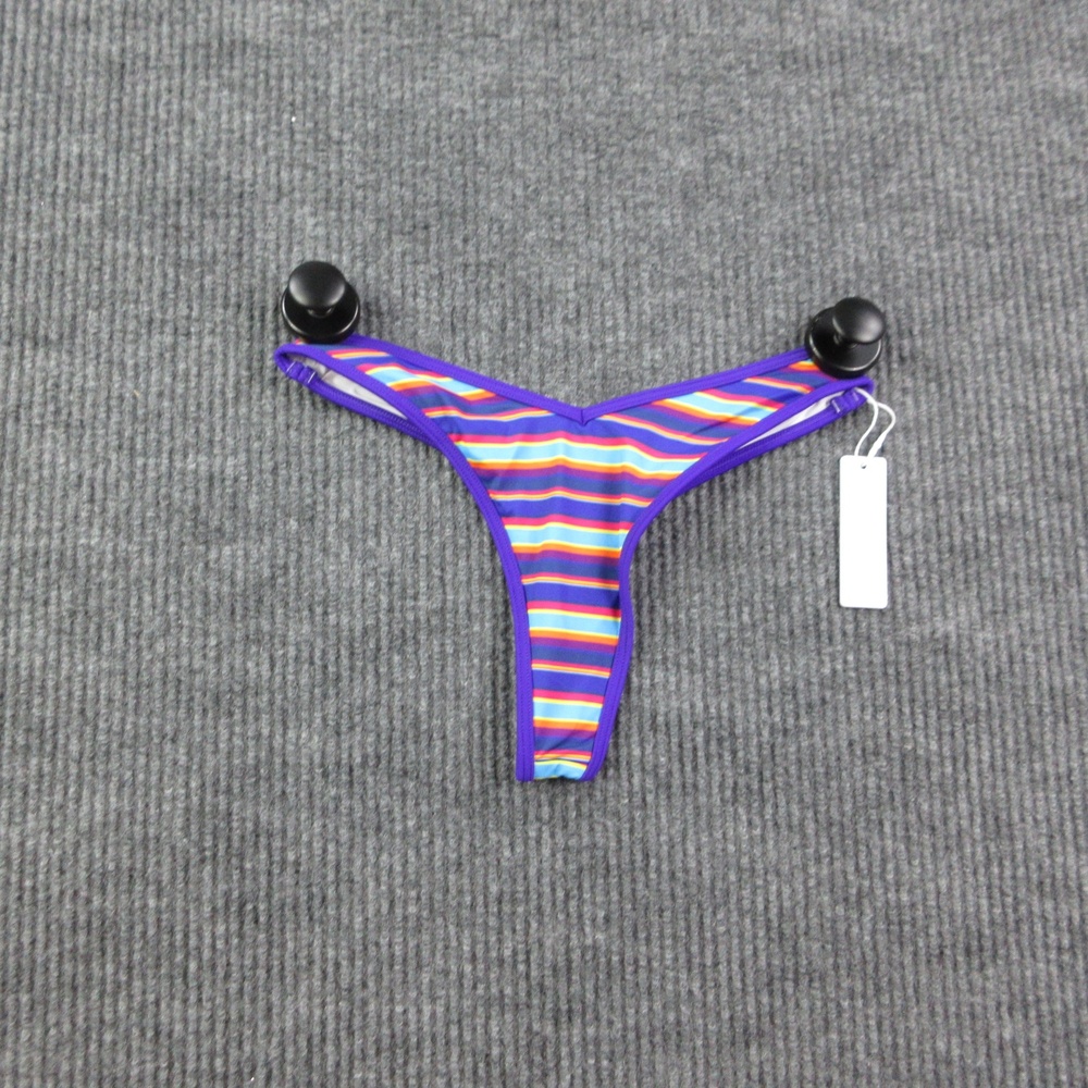 BRIGHT Bikini Bottom Womens S Purple Striped Thong Lined Elastic NWT